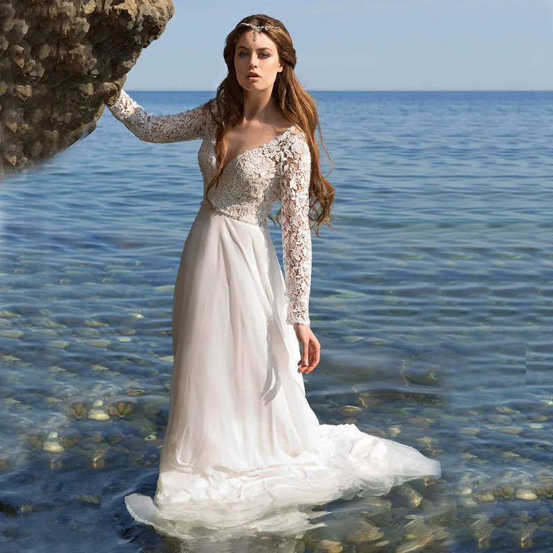 Elegant Long Sleeves Wedding Dress Sexy Deep V Neck