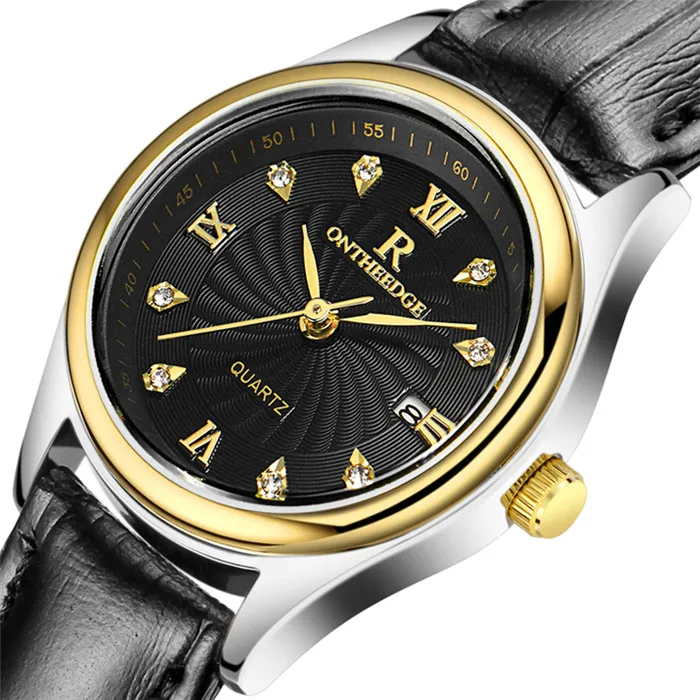 Gold Black-Black Ontheedge Для женщин женские наручные часы Водонепроницаемый кварцевые часы с циферблата часов кожа для женщин Роскошные модные часы - Цвет: Gold Black-Black