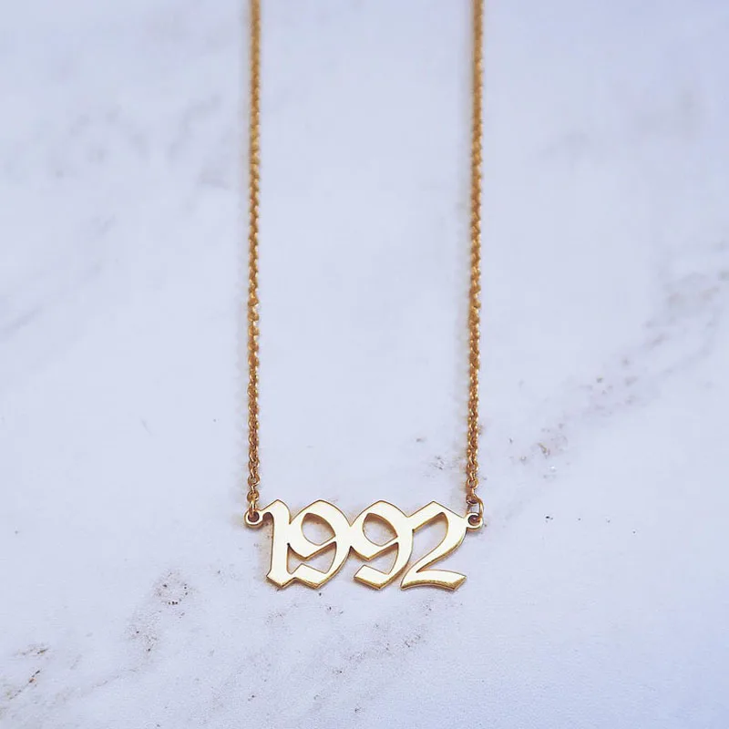 

Gothic Old English Personalized Date Necklaces 1985 1986 1987 1988 1989 1990 1991 1992 Custom Birth Year Necklace Collier Femme