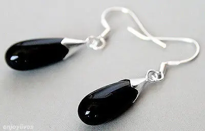 

A Black Agate Onyx Drop Dangle 925 Sterling Silver Hook Earrings