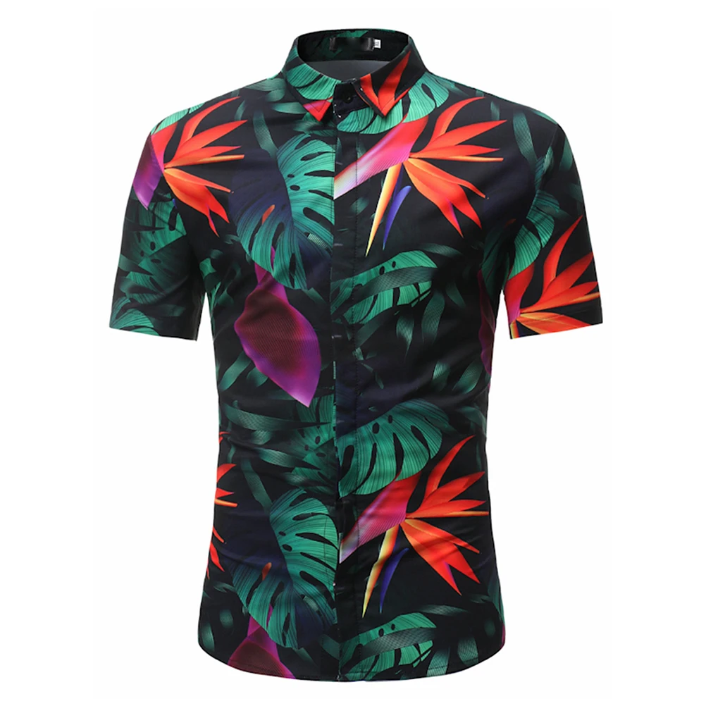 Summer Mens Hawaii Shirts Green Leaf Printed Lapel Shirt Men Casual Short Sleeve Shirts