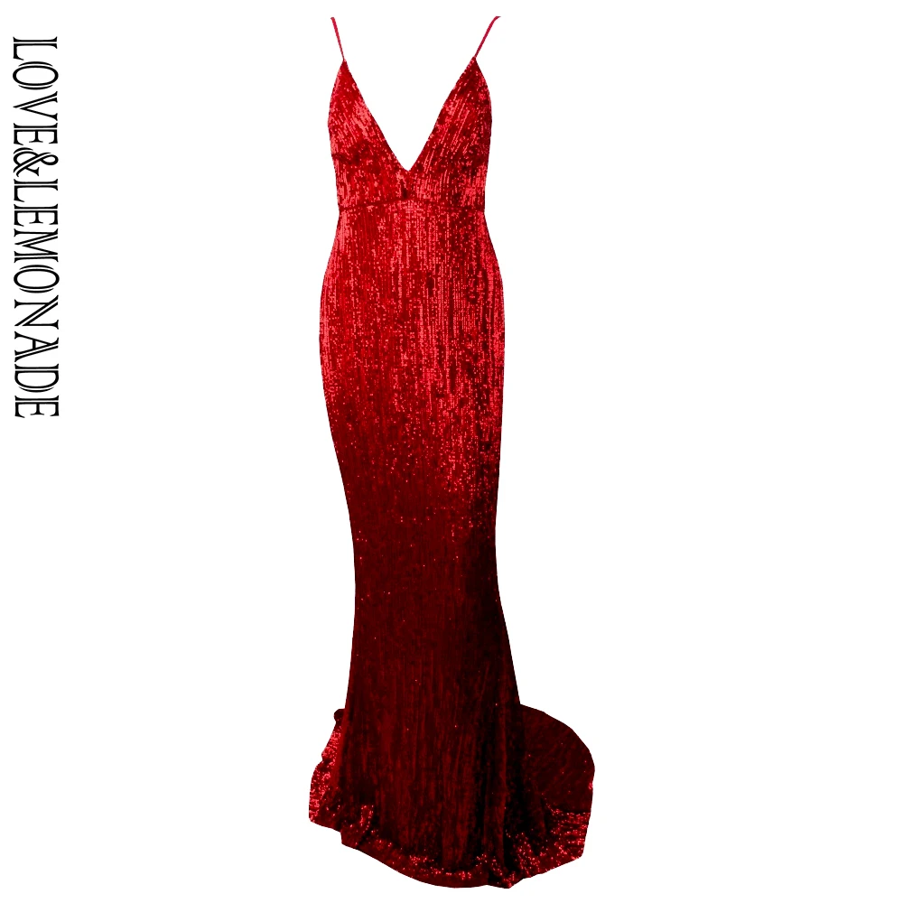 Женское длинное платье LOVE & LEMONADE красное эластичное с блестками модель LM80119|maxi