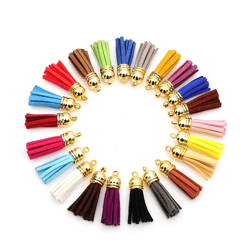 

10pcs/lot multicolor mixed Suede Tassel For Keychain Cellphone Straps Charms 38mm Full Leather Tassels gold-color Caps randomly