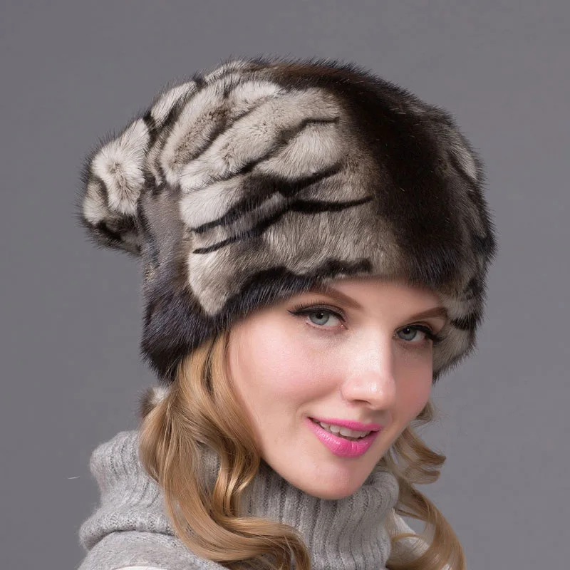 

Winter Women's Mink Fur Cap Full-leather Fur Hat Flower Pattern Luxury Fashionable Women Fur Cap Premium Free Size DHY-68