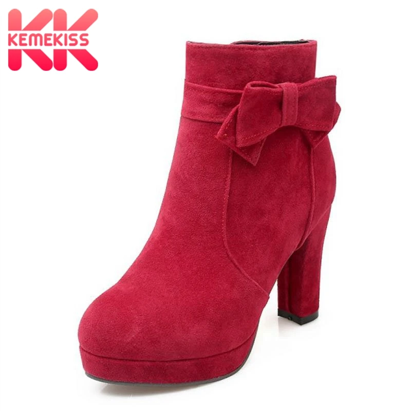 

KemeKiss Sexy Women High Heel Boots Bowknot Platform Warm Fur Shoes Women Winter Ankle Boots Fashion Wedding Shoes Size 34-43