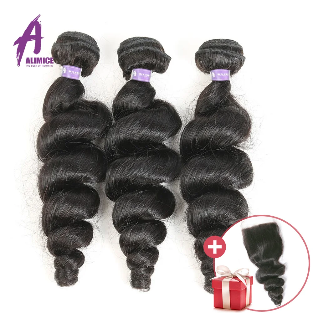 FREE CLOSURE Alimice Hair Brazilian Loose Wave 3 Bundles Deal Brazilian Hair Weave Bundles 100% Human Hair Weave Non Remy 8-28 (1)