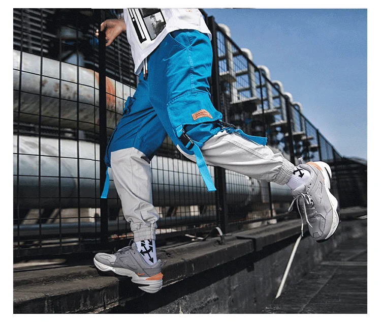 Мешковатые брюки карго с лентами с большими карманами Японская уличная одежда хип-хоп джоггеры брюки карго белые синие летние мужские брюки