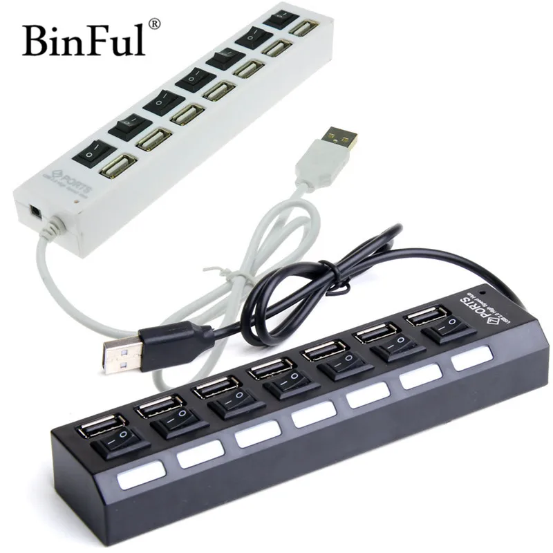 BinFul 7 Ports High Speed USB Hub 480 Mbps USB 2.0 Hub On/Off Switch Hub USB Splitter PC Laptop Computer Peripherals Accessories