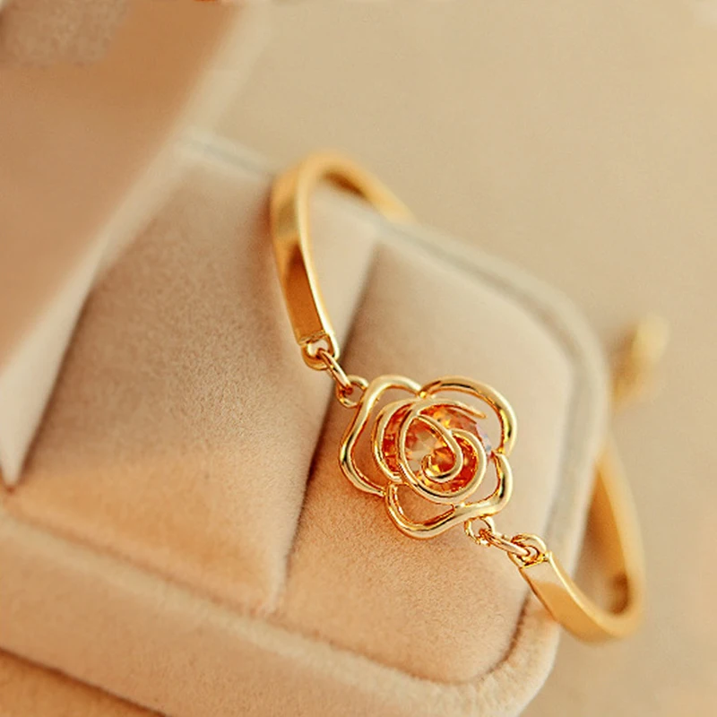 

Hollow Rose Flower Shiny Crystal Metallic Golden Silver Bracelets & Bangles for Women Adjustable Short Chain