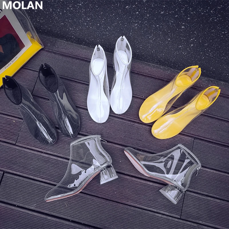 

MOLAN Brand Designers 2019 Summer New Fashion Round Toe Sexy Transparent PVC Lady Short Boots Ankle Female Shoes Back Zipper