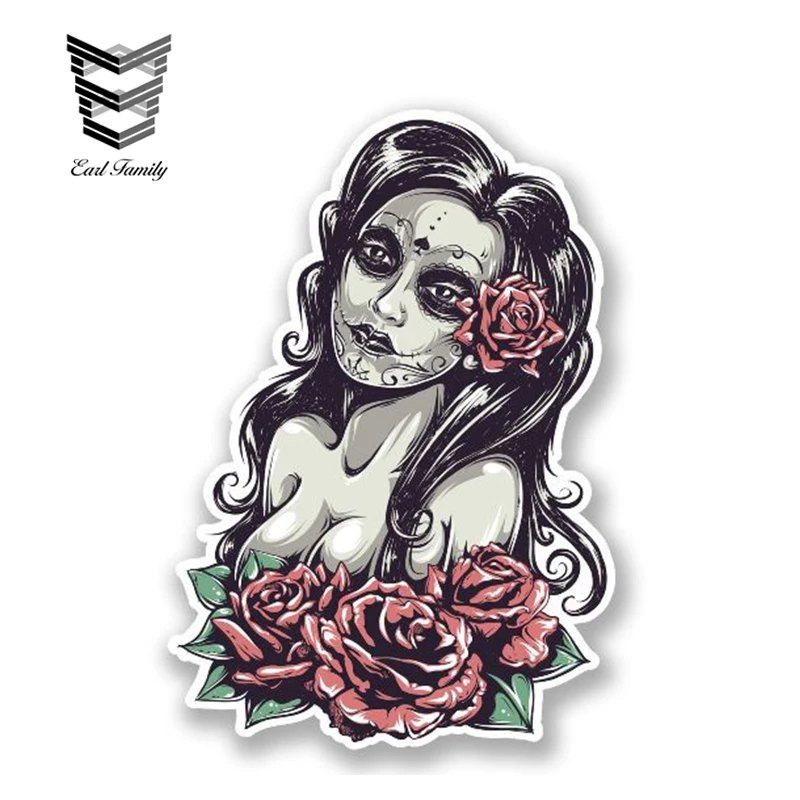 

EARLFAMILY 13cm x 8cm Sugar Skull Woman Rose Face Lady Girl Zombie Laptop Car Sticker Window Waterproof Car Styling Vinyl Decal
