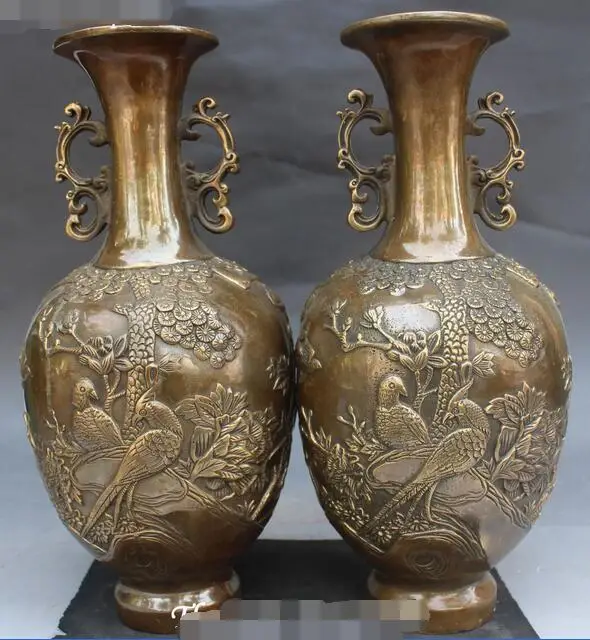 

13" China Pure Bronze Magpie Bird Pine Tree Flower Vase Bottle Vases Statue Pair