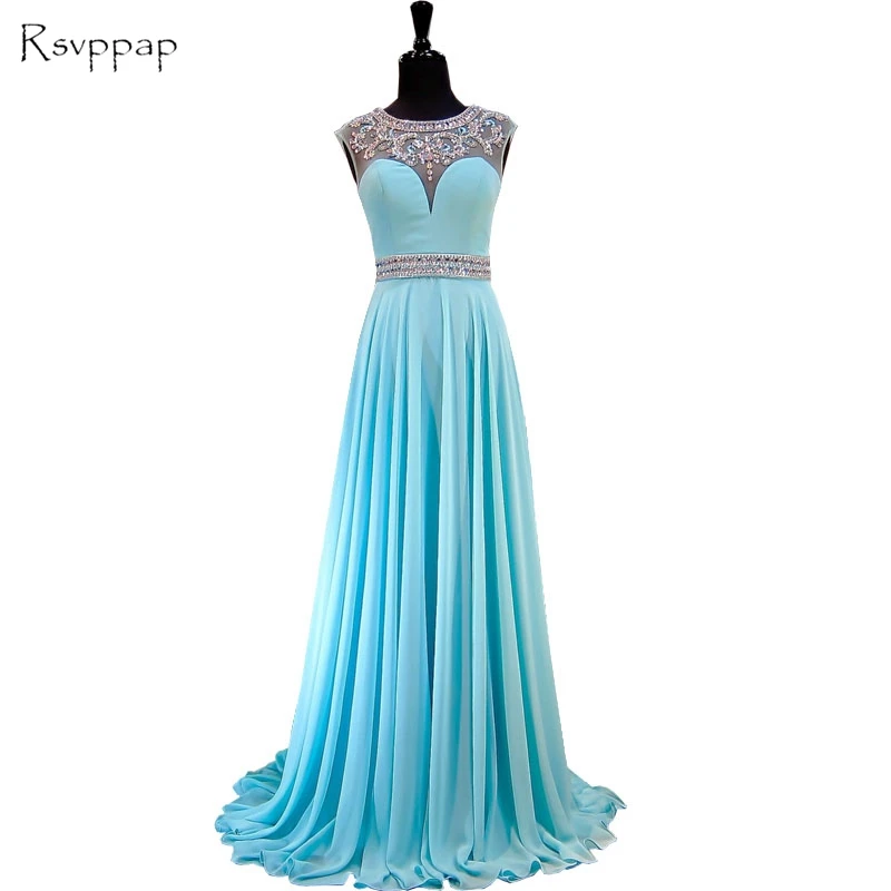 

Stunning Light Blue Long Evening Dress 2020 Beaded Crystals Sheer Back African Women Chiffon New Arrival Formal Gowns