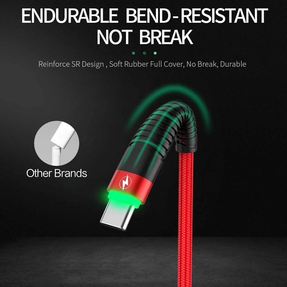 Jellico 3A LED الإضاءة USB نوع C كابل لسامسونج Xiaomi QC3.0 سريع كابل شحن USB-C شاحن الهاتف المحمول USB نوع -c كابل