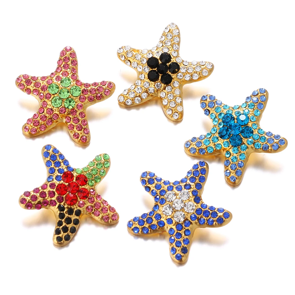 

20pcs/lot Full Rhinestone Starfish Metal Snap Buttons Gold Color Fit 18mm DIY Snap Bracelets&Bangles Jewelry