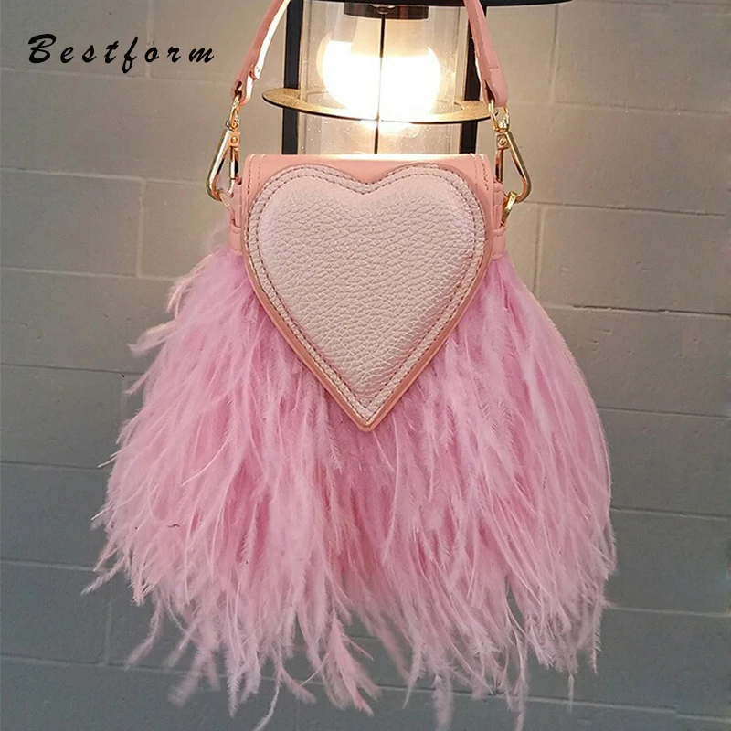 

Luxury Designer Women's Handbags Heart-shaped Bag Love Ostrich Feather Shoulder Crossbody Bag for Female Evening Party Lady Bag