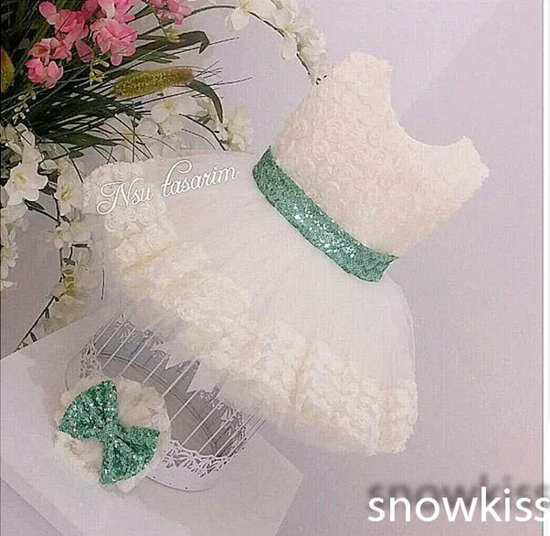 

Elegant 3D Flower Lace Knee-Length flower girl dresses with mint Green Bow baby Birthday Party Dress wedding occasion ball gowns