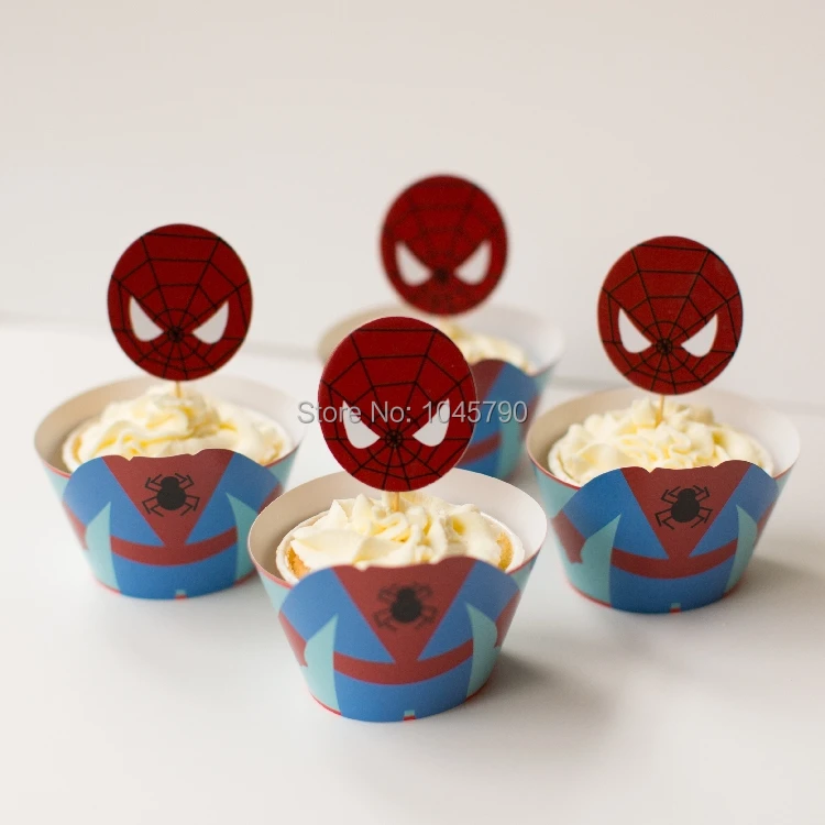 

Free Shipping 24Pcs/lot Cartoon Spider Man Cupcake Wrapper Birthday Party Decoration Favors With Cupcake Topper Insert Card