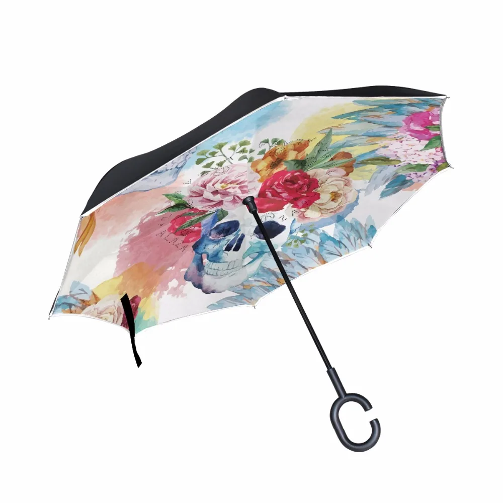 Новинка Покер Череп с цветком ветрозащитный двойной слой перевернутый зонтик защита от дождя автомобиля обратный Зонты c-образная рука