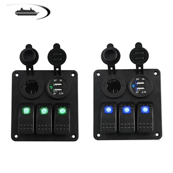 

LED 3 Gang Rocker Switch Panel Power Socket 3.1A Dual USB Wiring Kits and Decal Sticker Labels DC12V 24V for Marine Boat Car