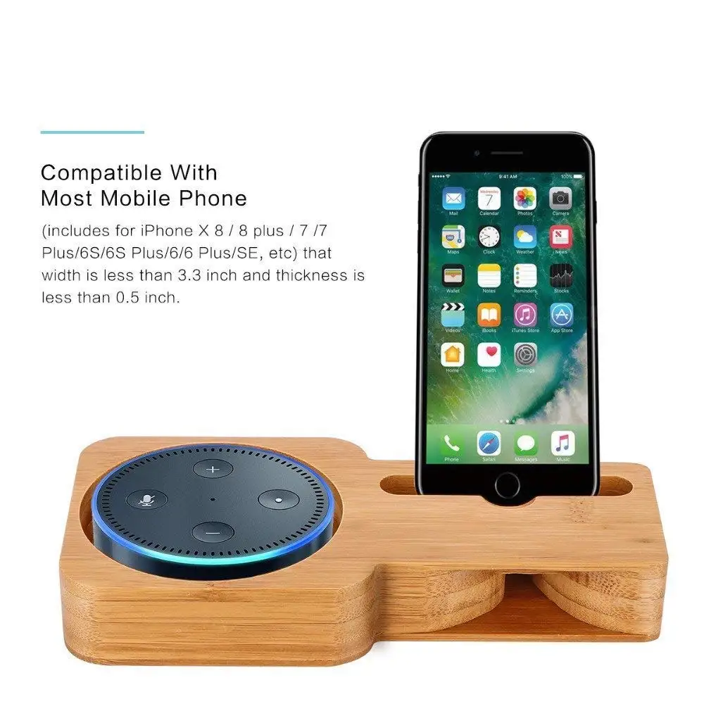 

Bamboo Protective Holder Speaker Stand Phone Holder Bracket for Amazon Echo Dot, Echo Plus and iPhone X/iPhone 8 XS Samsung