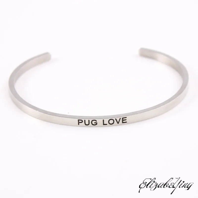 Silver 316L Stainless Steel Inspirational Bangle &quotPUG LOVE&quot Engraved Mantra Bracelet for Lovers Jewelry | Украшения и