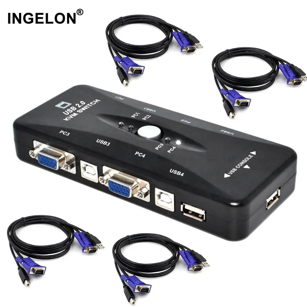 Ingelon 4 порта kvm коммутатор USB 2,0 VGA разветвитель принтер Мышь Клавиатура флешки Share Switcher 1440*1920 VGA коммутатор коробка адаптер