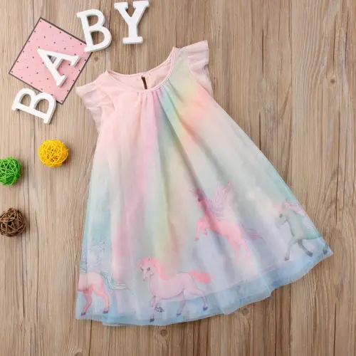Элегантное разноцветное платье с единорогом для маленьких девочек, летнее платье без рукавов, фатиновое праздничное платье для дня рождения, детская одежда