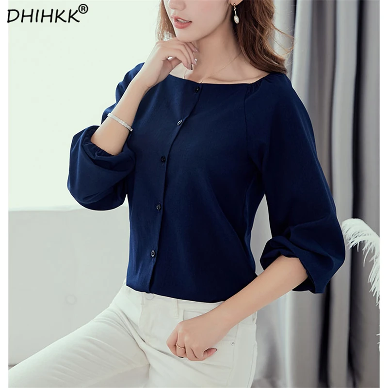 Achat DHIHKK Élasticité Conception D épaule Chemisier Bleu Marine Chemise Femme Nouveautés Printemps Automne Bureau Dames Élégantes Tops et Blouses