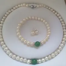 Натуральный белый, культурная жемчужина акоя и Зеленый Изумрудный браслет, ожерелье, серьги, набор нефритовых кристаллов Ювелирные изделия