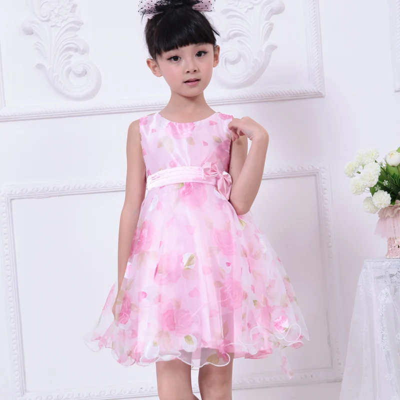 

Summer Girls Dress Pink Flower Print Multi-Layers Bow Tulle Party Wedding Pageant Bridesmaid Princess Children Clothes Size 2-8