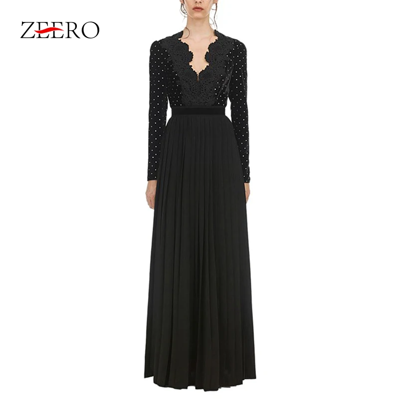 

High-end Winter Black Diamonds Maxi Long Dress Women Self Portrait Patchwork Slim Bodycon Pleated Dresses Party Runway Vestidos