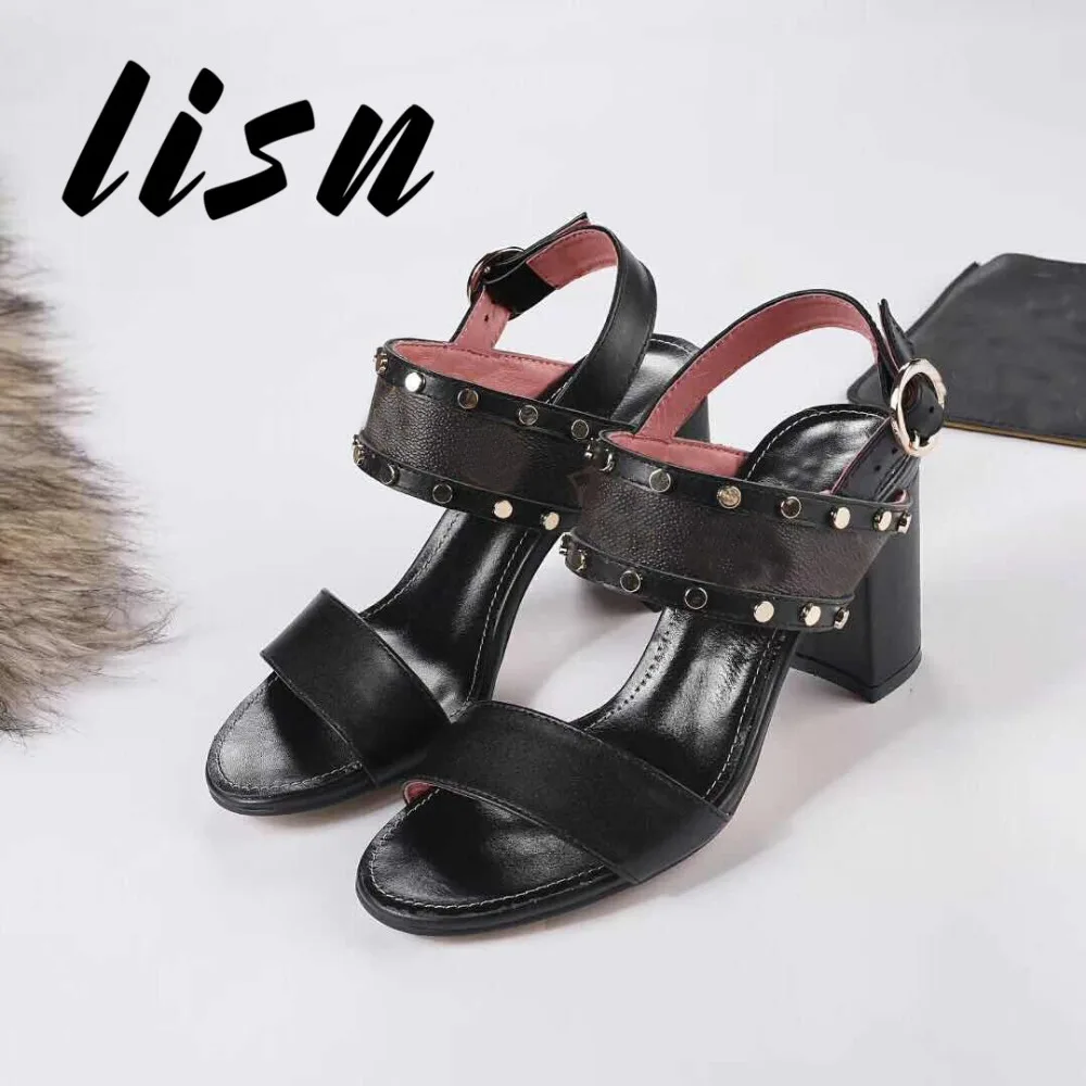 

LISN New Brand Genuine Leather Metal Studded Summer Sandals Open Toe Printed Floral HIgh Heel Sandals Shoes Women