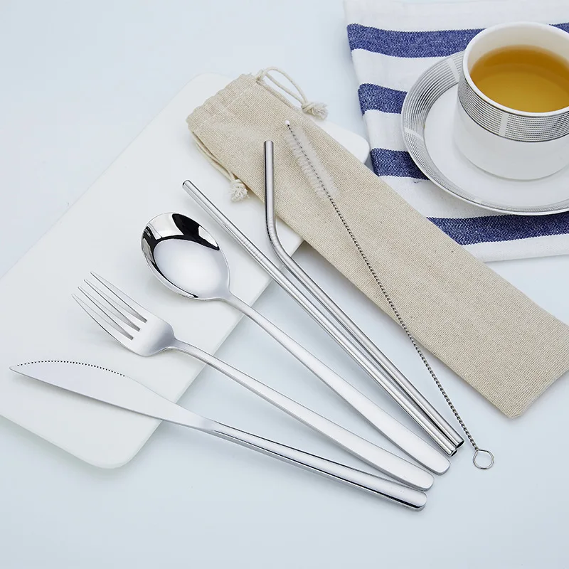 

Portable Dinnerware Set Stainless Steel Cutlery Set Chopsticks Fork Spoon Metal Straws with Straws Bag for Travel Flatware Set