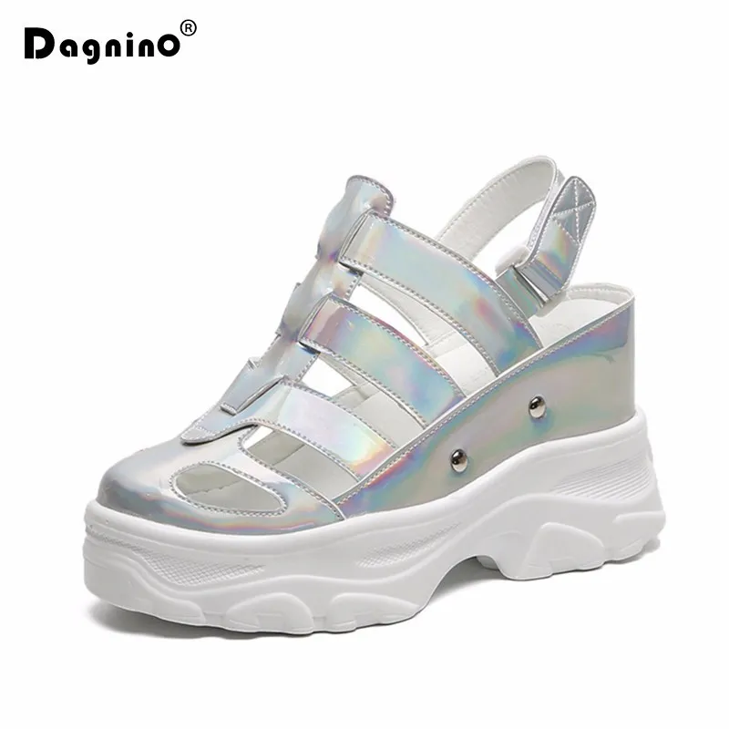 

2019 Summer Women Sequin Sneakers Sandals Round-toe Wedge Platform Casual Shoes Woman 10CM Heels Thick Bottom Beach Sandalias