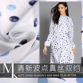 

19 summer new 137cm wide 16 momme 100% silk crepe de chine fabric Dot digital printed cloth women dress diy sewing free shipping
