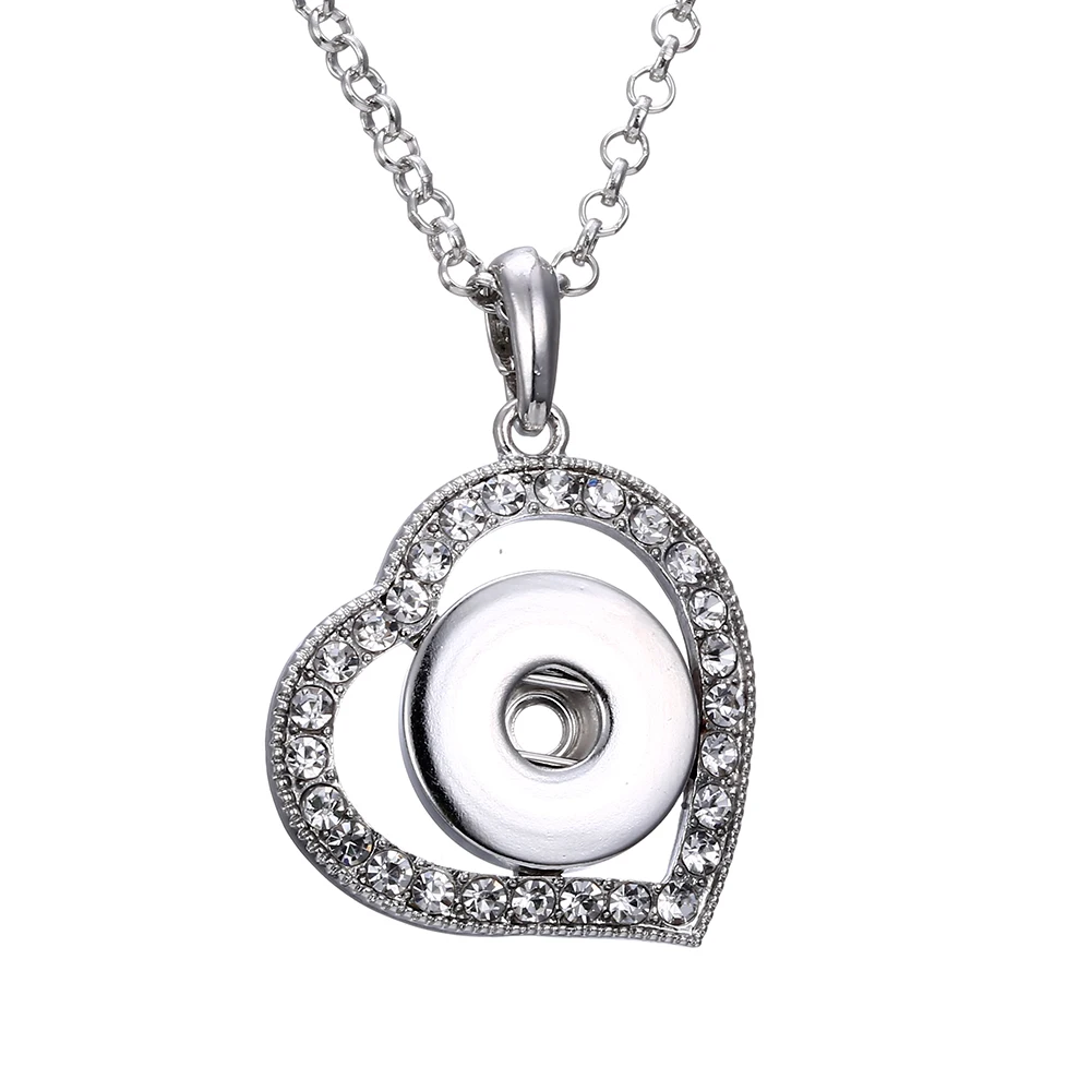 New Fashion Elegant Crystal Rhinestone Heart Pendant Snap Necklace 60cm Fit 18mm Snap Buttons