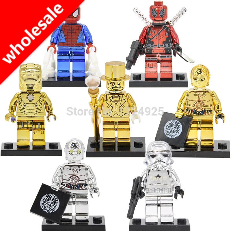 

Wholesale 20pcs Chrom Mr Gold Figure C3PO Deadpool Stormtrooper Iron Spider Man Darth Vader Building Blocks Bricks Toys