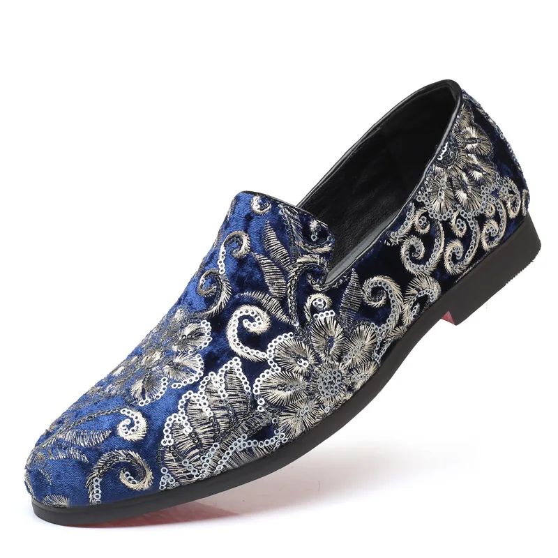 

Luxury Designer Men Loafers Slip On Moccasins Plus Size 38-48 Sequins Glitters Bling British Style Flats Man Party Shoes Blue