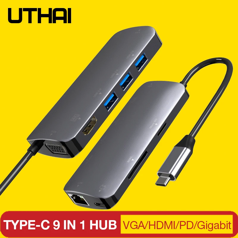 UTHAI J09 type C 9в1 Мульти USB 3,0 концентратор HDMI адаптер док-станция для MacBook Pro Аксессуары Usbc 3,1 сплиттер 3 порта USB C кардридер