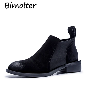 

Bimolter 2018 Autumn Wome Boots Soft Leather Chelsea Boots Women Round Toe Sewing Ankle Boots for Women Low Heels Shoes LASB003