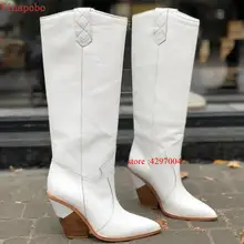 Новые Брендовые женские сапоги до колена из змеиной кожи; пикантные ковбойские сапоги с острым носком в западном стиле; женские сапоги до середины икры на массивной танкетке