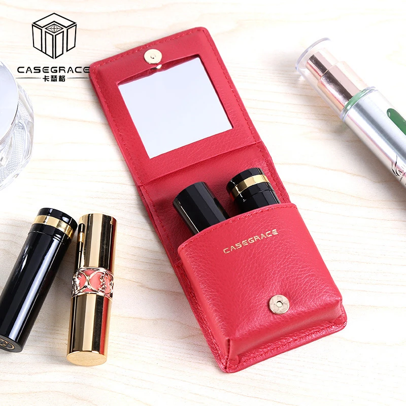 

Casegrace New Lipstick Bag With Mirror Makeup Bag Travel Pouch Organizer Leather Portable Beauty Case Toolbox Small Storage Case