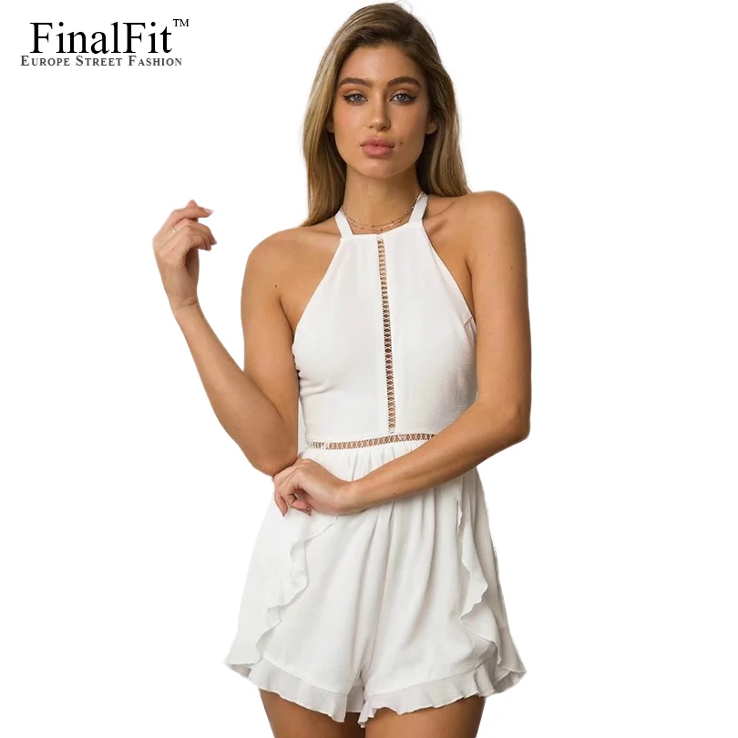 Halter Playsuit Women Romper White Hollow Out Overall Short Women