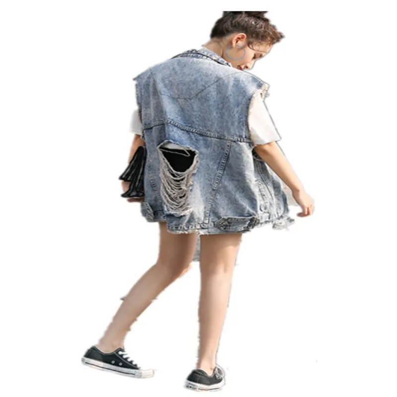 4xl 3xl Новый Harajuku винтажный джинсовый жилет с дырками бойфренда женский