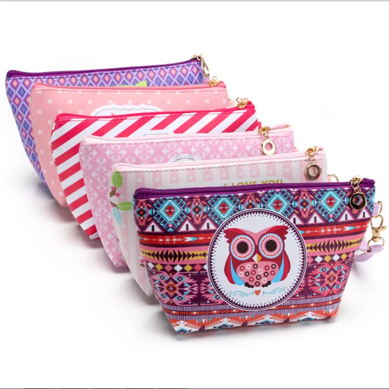 Owl Printing Makeup Bags With Multicolor Pattern Cute Cosmetics Pouchs