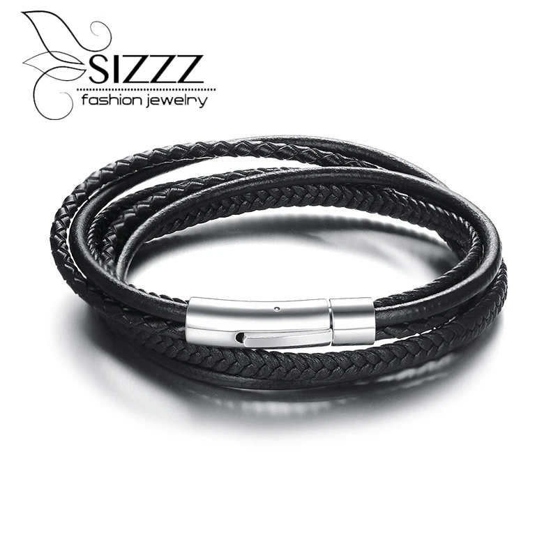

SIZZZ Europe and the United States multi-layer stainless steel microfiber leather hand rope Bracelets&bangles for men