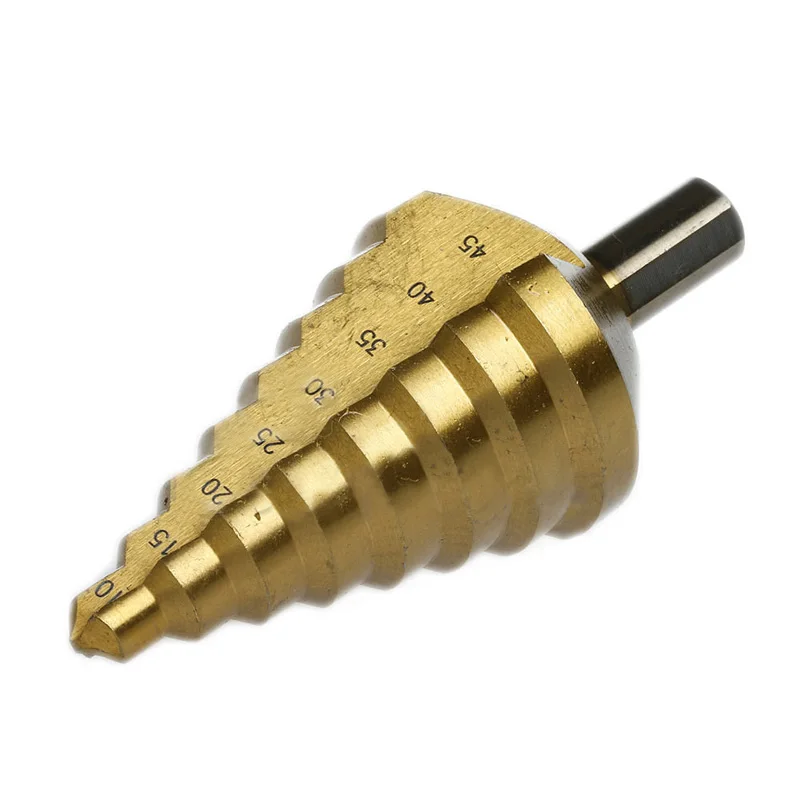 

1pc Titanium Coated Step Cone Drill Bit 4241 High Speed Steel Step Cone Drill Bit Triangle Shank Hole Cutter 10-45mm