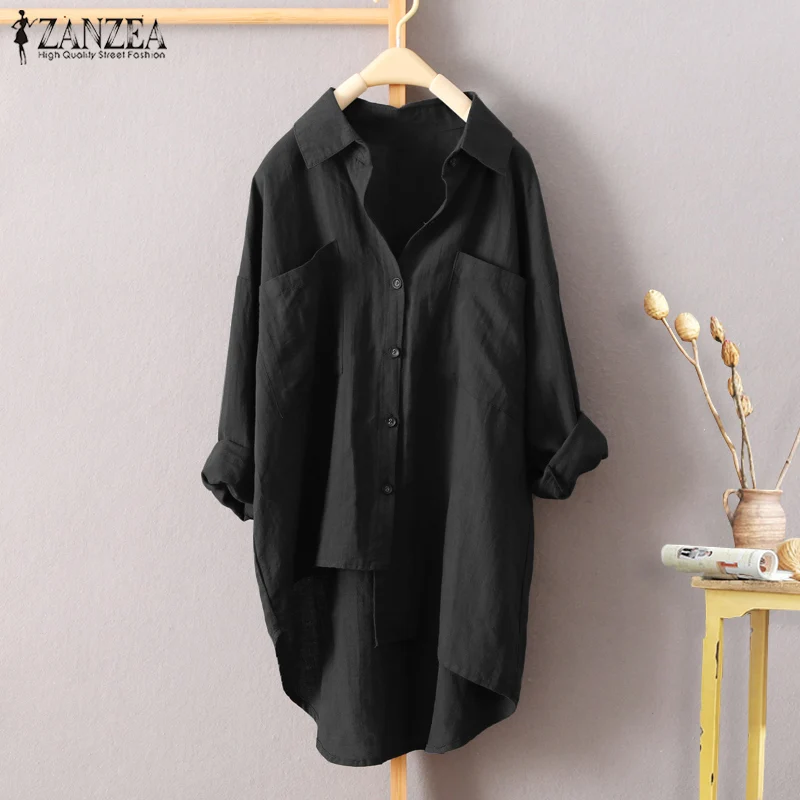 Skup Plus Rozmiar 2018 ZANZEA Jesień Kobiety Turn Down Collar Przyciski Bluzka Z Długim Rękawem Solidna Casual Koszula Nieregularne Hem Luźne OL blusas