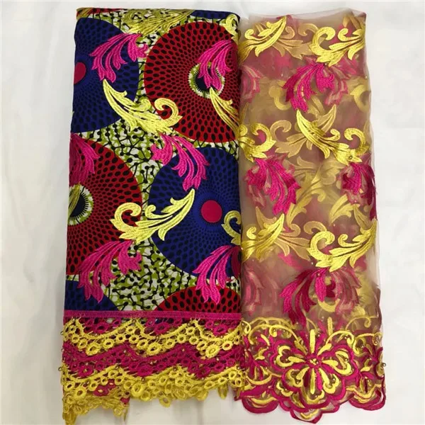

Excellent 6y African real wax lace fabric matching with 2y French tulle net lace fabric for party dress WNL32